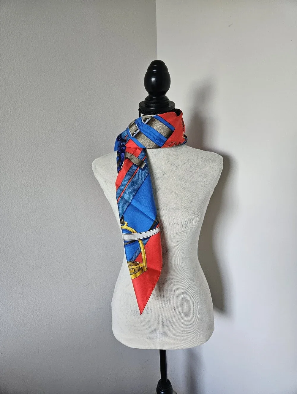 Hermes Red, Blue and Gold Equestrian Motif Silk Scarf 90X90cm  authentic